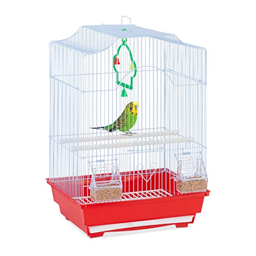 Relaxdays Vogelkäfig mit Zubehör, HxBxT: 49,5 x 35 x 32 cm, Käfig für Wellensittiche & Kanarienvögel, hellblau/rot von Relaxdays