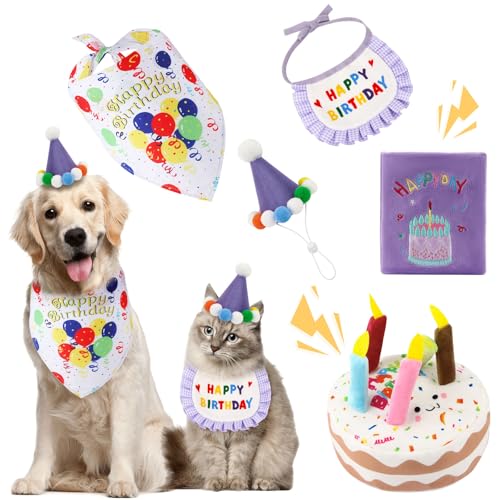 Remedare Hundegeburtstag Bandana Set Partydekoration Inkl. Hundebandana, Partyhut, Quietschspielzeug Kuchen & Schnüffelmatte Geschenk Für Alle Hundegrößen (Lila) von Remedare