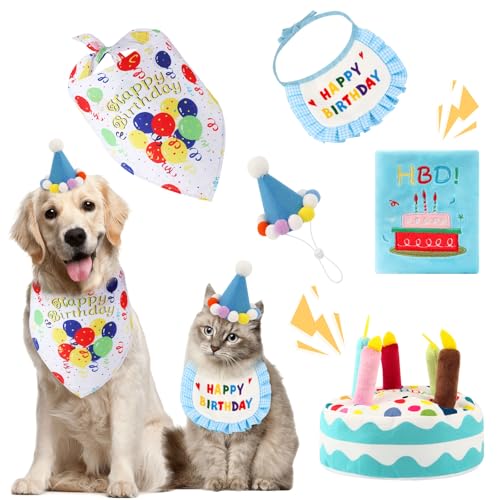 Hundegeburtstag Bandana Set Partydekoration Inkl. Hundebandana, Partyhut, Quietschspielzeug Kuchen & Schnüffelmatte Geschenk Für Alle Hundegrößen (Blau) von Remedare