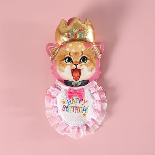 Katzen-Geburtstagsparty-Set – 4-teiliges Kronenhut, besticktes Lätzchen und Kuchenspielzeug, lustiges Kätzchen-Kostüm für Geburtstag, Fotoshooting, Feier (Rosa) von Remedare