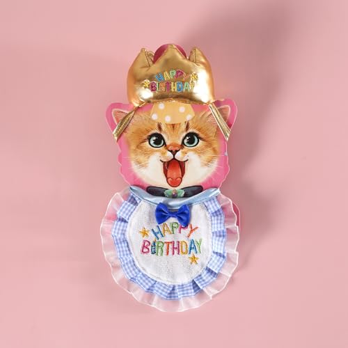 Katzen-Geburtstagsparty-Set – 4-teiliges Kronenhut, besticktes Lätzchen und Kuchenspielzeug, lustiges Kätzchen-Kostüm für Geburtstag, Fotoshooting, Feier (blau) von Remedare