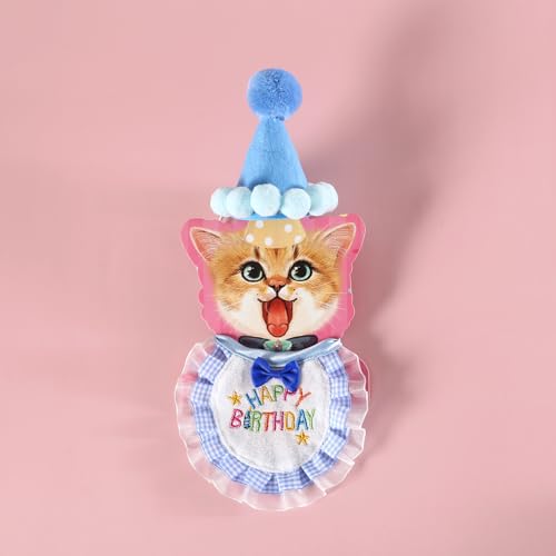 Katzengeburtstagsparty-Zubehör – 4 Stück Kätzchen-Geburtstagshut, besticktes Lätzchen, Kuchenspielzeug und Teaser-Zauberstab, niedliches blaues Kostüm für Katzen, Kätzchen, Bekleidung Katzengeburtstagsparty-Zubehör – 4 Stück Kätzchen-Geburtstagshut, besticktes Lätzchen, Kuchenspielzeug und Teaser-Zauberstab, niedliches blaues Kostüm für Katzen, Kätzchen, Bekleidung von Remedare