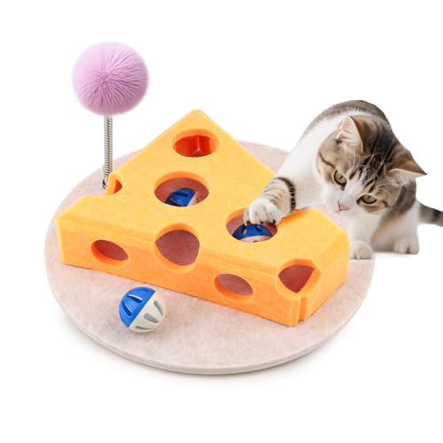 Remedare Katzen Puzzle Spielzeug für Wohnungskatzen – Interaktive Filzbox mit Trackbällen & Federteaser – Geistige Förderung für Kitten & Erwachsene Katzen (Gelb) von Remedare