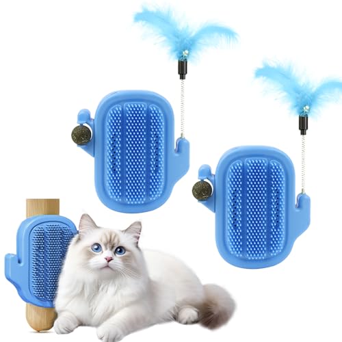Remedare Kratzbaum für Katzen selbstklebend – Eck-Kratzbrett mit Katzenminze & Feder-Teaser – Selbstpflege-Massage Spielzeug für Wohnungskatzen (Blau, 2er Set) von Remedare