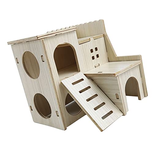 Rengu Hamster Kletterhaus, Hamsterhaus aus Holz Spielzeug Bisssicheres Versteck Sicher für Hamsterzubehör (Villa überspringen, 16x16x5cm / 6.3x6.3x2.0in) von Rengu