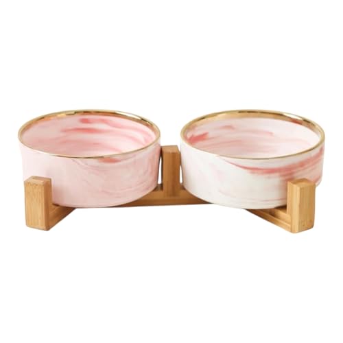 Keramik-Futternapf (Marmor-Design), 2 Stück, mit Ständer, 400 ml Fassungsvermögen, (Marmorrosa mit goldfarbenem Rand) von Res Pretiosas Pet