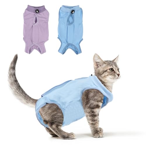 Katzen-Genesungsanzug, atmungsaktiv, chirurgischer Genesungsanzug, Katzen-Einteiler für Katzen nach Operationen, alternativer Kegel der Schade, Bauchwundschutz, 2 Stück (Hellblau + Hellviolett, S) von Reshiho
