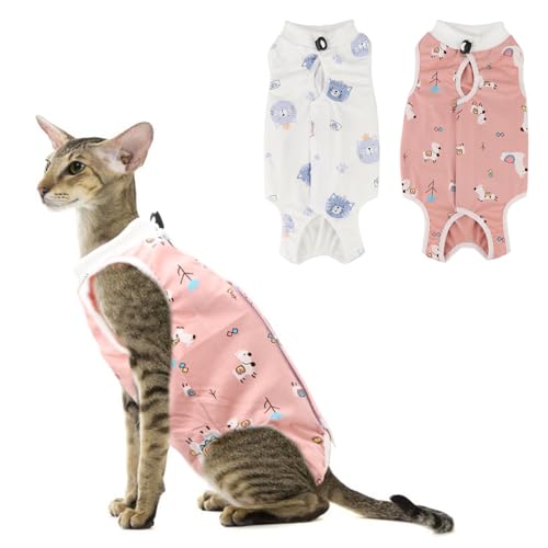 Katzen-Genesungsanzug, atmungsaktiv, chirurgischer Genesungsanzug, Katzen-Einteiler für Katzen nach Operationen, alternativer Kegel der Schamwunden, Hautschutz, Rosa + Weiß, Größe L, 2 Stück von Reshiho
