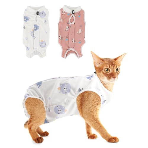 Katzen-Genesungsanzug, atmungsaktiv, chirurgischer Genesungsanzug, Katzen-Einteiler für Katzen nach Operationen, alternativer Kegel der Schamwunden, Hautschutz, Rosa + Weiß, Größe M, 2 Stück Katzen-Genesungsanzug, atmungsaktiv, chirurgischer Genesungsanzug, Katzen-Einteiler für Katzen nach Operationen, alternativer Kegel der Schamwunden, Hautschutz, Rosa + Weiß, Größe M, 2 Stück von Reshiho