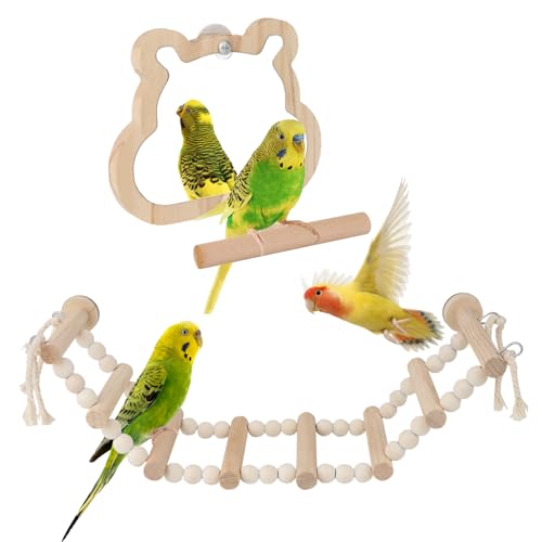 Reshiho Vogelspiegel mit Sitzstange & 8-stufiger Vogelleiter für Käfig – Naturholzspielzeug für Sittiche, Nymphensittiche (11,9 x 8,9 x 13 cm Spiegel + 37,1 x 9,9 cm Leiter) Käfigzubehör Bündelset von Reshiho