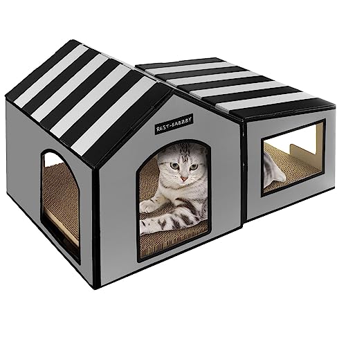 Katzenhaus aus Karton, 2 Würfel für Indoor-Katzen (53,3 cm L x 33 cm B x 35,6 cm H), mit Kratzunterlage für Katzen, Kaninchen, Kleintiere von Rest-Eazzzy