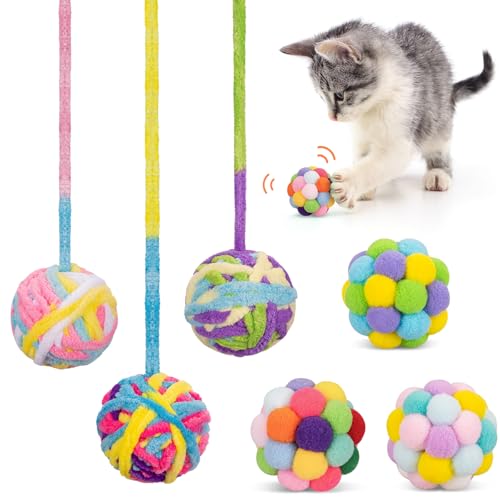 Retro Shaw Katzenspielzeug-Ball, 6 Stück, Woll-Katzengarn-Ball mit Glocke im Inneren, interaktiver Teaser-Zauberstab, Spielzeug für den Innenbereich, sichere Zahnreinigung, Katzenkauspielzeug, von Retro Shaw