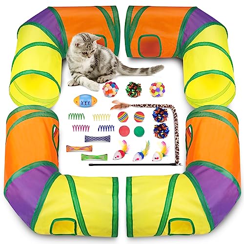 Retro Shaw Katzenspielzeug-Set, interaktives Katzenspielzeug für Indoor-Katzen, Kätzchen, Kätzchen mit 4 L-Form, zusammenklappbar, Katzenspiel-Tunnel, Katzenfederstab, Teaser, Regenbogen-Katze, von Retro Shaw