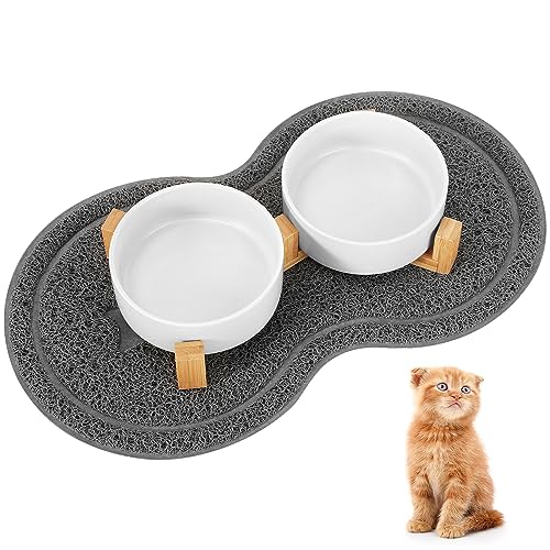 Revivoer Cat Bowl Set, Feeding Bowl, Ceramic Drinking Bowl Set with Solid Wood Stand with Wooden Stand, 2 Pieces, 400 ml Raised Feeding Bowl and Non-Slip Cat Bowls (Weiß) von Revivoer