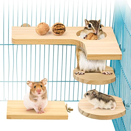 4 teiliges Hamster Zubehör Set, Kleintier Plattform Naturholz Hamster Spielzeug für den Käfig für Meerschweinchen Chinchilla Ratten wellensittich inkl. L-Sprungbrett Runde Rechteck von Reyshin