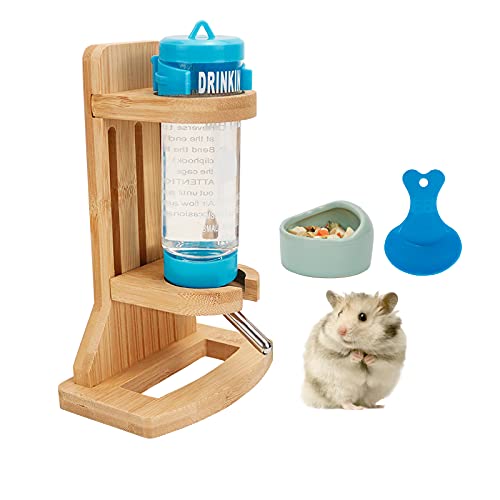 Hamster Trinkflasche mit Ständer, Einstellbar Holz Meerschweinchen Wasserspender Ständer Hamster Nippeltränke mit Basis inkl. Tränke aus Holz Nager Wasserflaschen Keramiknapf und Plastiklöffel (125ml) von Reyshin