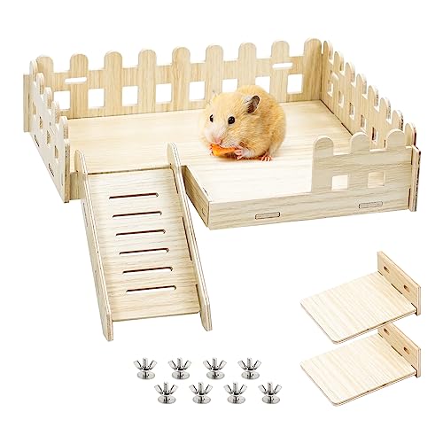 Hamster Zubehör Set, Haustiere Kleintier Plattform Naturholz rechteckig Hamster Spielzeug für den Käfig für Chinchilla Ratten Meerschweinchen, Living Unterstand und Liegeplatz m. Treppe (28 x 22.5cm) von Reyshin