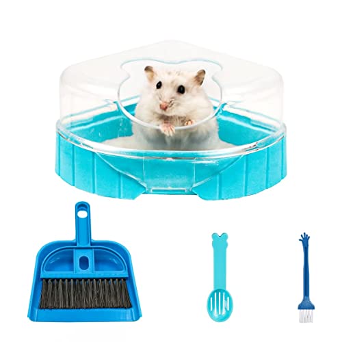 Sandbad Set für Hamster, Hamster Ecktoilette mit Dach Hamster Klo Hamster Badezimmer Badewanne inkl. Sandschaufel und Mini Besen Set für Hamster Rennmaus Mäuse (Blau) von Reyshin