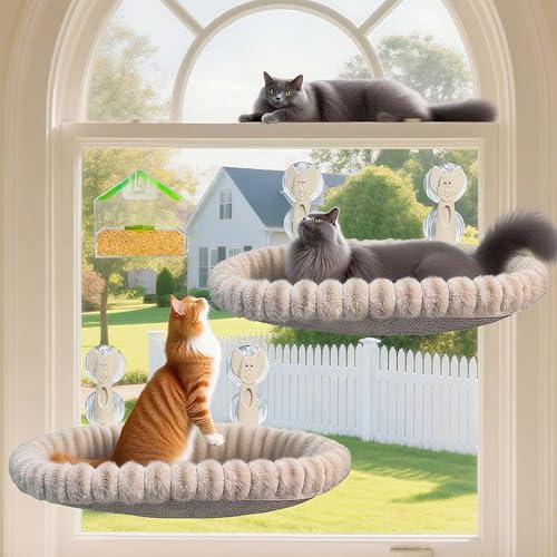 RherGrac 2er-Pack Katzen-Fensterstange und Hängematte – Exquisites weiches wollähnliches Fleece, 4 starke Saugnäpfe – Bonus Fenster-Vogelfutterstation, ideal für große Katzen und mehrere von RherGrac