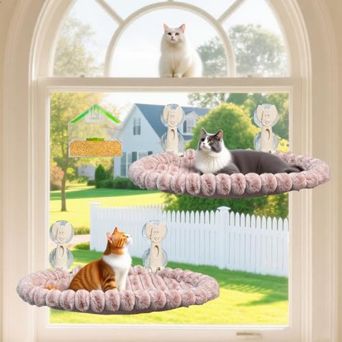RherGrac 2er-Pack Katzen-Fensterstange und Hängematte – Exquisites weiches wollähnliches Fleece, stabiler Metallrahmen – Bonus-Fenster-Vogelfutterstation, ideal für große Katzen und mehrere von RherGrac