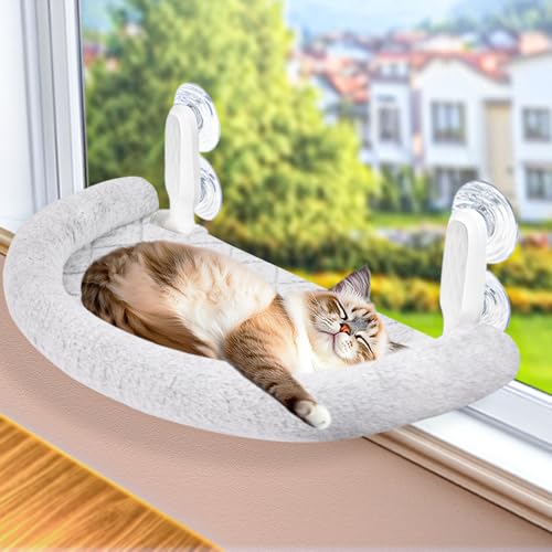 RherGrac Fensterstange und Hängematte für Katzen, exquisites weiches Wollfleece, sicheres und bequemes Design mit 4 starken Saugnäpfen, ideal für große Katzen (hochwertiges Grau, Größe XL) von RherGrac