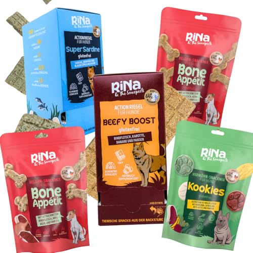 RiNa Hundekuchen & Snacks - Probierpaket - 2 Boxen á 10 Riegel - 3 Snack-Packungen à 180g - 100% natürliche Zutaten - Gut verdaulich - Made in Germany RiNa Hundekuchen & Snacks - Probierpaket - 2 Boxen á 10 Riegel - 3 Snack-Packungen à 180g - 100% natürliche Zutaten - Gut verdaulich - Made in Germany von RiNa & the Snaxperts