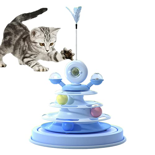 Rianpesn Cat-Kugelbahn - 360 ° drehbarer Drehteller Katzenspielzeug | 4 Ebenen Pet Turntable Toy Rotierende Windmühle mit Katzenfeder-Teasern und Katzenminze zum Trainieren von Rianpesn