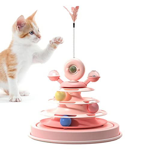 Rianpesn Katzen-Plattenspieler-Spielzeug, 360° drehbares Katzenspielzeug, 4 Ebenen Pet Turntable Toy Rotierende Windmühle mit Katzenfeder-Teasern und Katzenminze zum Trainieren von Rianpesn