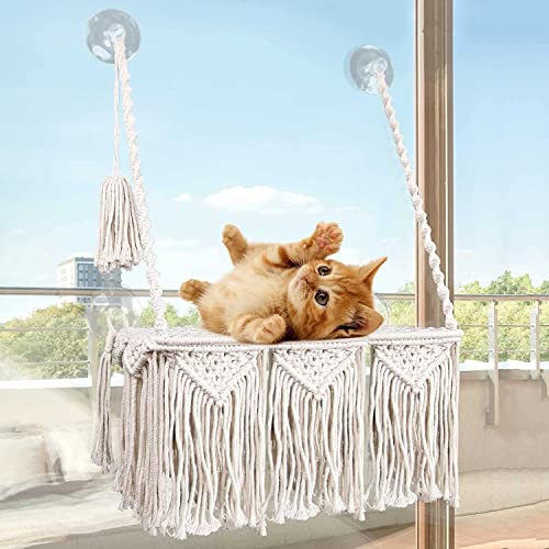 Ricemru Makramee Katzen Hängematte Fenster Beige Katzenhängematte Fensterbank Makramee Katzen Fensterliegeplatz Katzenbett Katzen Fensterbett Katzen Fensterliege Katzenliege Fensterbank von Ricemru