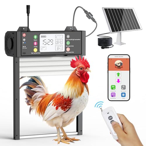 Richday Automatische Hühnerklappe Solar,LCD-Bildschirm wasserdichtem, Solarbetrieben hühnerklappe automatisch mit Lichtsensor, TUYA APP Fernsteuerung,Intelligenter Einklemmschutz Hühnerklappe von Richday