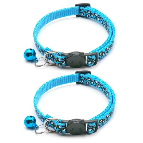 Richeng Reflektierendes Katzenhalsband mit Glöckchen, Leopardenmuster, niedliches Kätzchen, verstellbar, 19,1 - 32,5 cm, sicheres Kätzchen-Halsband, Charm-Anhänger (blau), 2 Stück von Richeng
