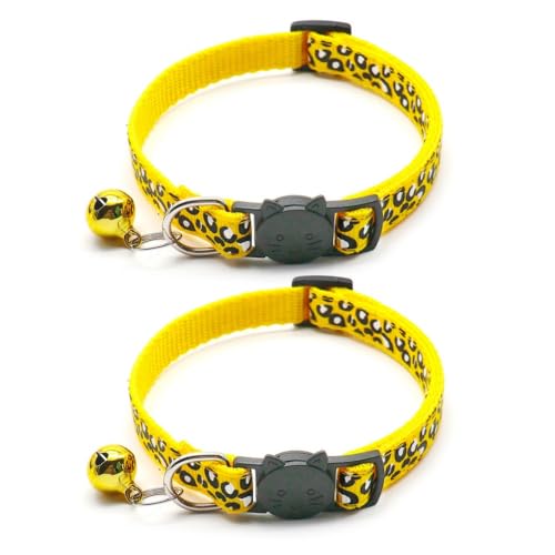Richeng Reflektierendes Katzenhalsband mit Glöckchen, Leopardenmuster, niedliches Kätzchen, verstellbar, 19,1 - 32,5 cm, sicheres Kätzchen-Halsband, Charm-Anhänger (gelb), 2 Stück von Richeng