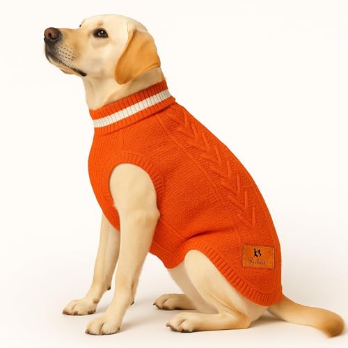 Richpet Hundepullover, leichter und dehnbarer Rollkragen-Fleece-Hundepullover, weicher, warmer Strickpullover mit hohem Kragen und gemütlichem Fleecefutter, Orange, Größe 4XL (66 cm) von Richpet