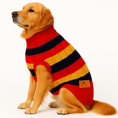 Richpet Klassisch gestreifter Hundepullover, leichter und dehnbarer Rollkragen-Fleece-Hundepullover | Weicher, warmer Strickpullover mit hohem Halsausschnitt (Rot, Gelb, Größe L (45,7 cm) von Richpet