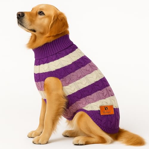 Richpet Klassisch gestreifter Hundepullover, leichter und dehnbarer Rollkragen-Fleece-Hundepullover | Weicher, warmer Strickpullover mit hohem Kragen (Lila, Weiß, Größe S (35,6 cm) von Richpet