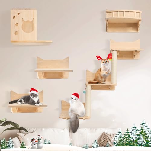 Katzen Kletterwand Set, 5-Teiliges Katzen Wandelemente, 3 Stufen Katzentreppe Wand mit 2 Plüschbälle, Stabiler Katzenwand, Katzenliege, Katzenhöhle, Holz Katzenmöbel Set für Katzen Catwalk von Ricyea