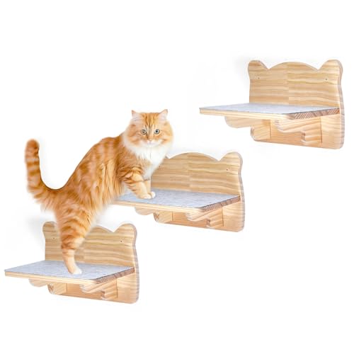 Ricyea Kletterwand Katzen 3er Set, Kletterstufen Katzentreppe Wand, Katzenmöbel aus Massivholz für Katzen Klettern, Spielen, Wandmöbel Katze Wandregale bis zu 35 KG von Ricyea