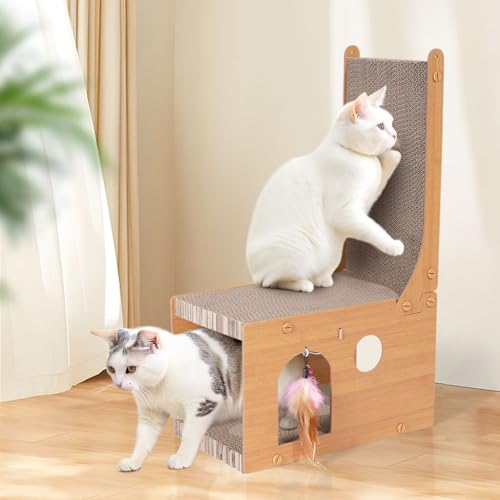 Ricyea Kratzbrett Katzen Kratzpappe mit Katzenhaus, Kratzbretter Kratzpad Katze, 66 cm Hohe L-Förmige Katzenkratzbretter mit Ballspielzeug & Federaufsätzen, Groß (L-förmige) von Ricyea