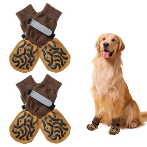2 Paar Hundesocken Anti Rutsch, Antirutschsocken Hund, Pfotenschutz Hund, Hundesocken Leckschutz, Hunde Socken für Hunde Doppelseitige mit Verstellbaren Riemen für Innenbereich (Braun, M) von Rienan