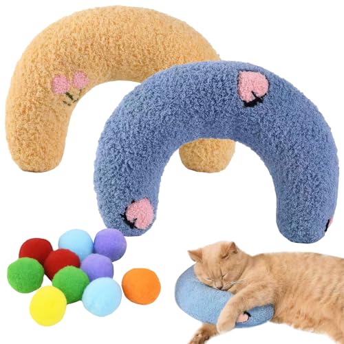 Katzenkissen 2 Stück Kopfkissen für Hunde,Katzenkissen Baldrian Blau,Gelb Kuscheltier für Katzen,Katzen Kissen Geeignet für Welpen und Kätzchen zum Schlafen,Ausruhen und Spielen(Mit Spielbällen*10) von Rienan
