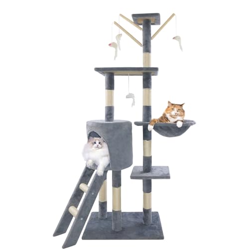 139 cm Kratzbaum, mehrstufiger Katzenturm mit Kratzstämmen, 4 gemütlichen Sitzstangen, Aktivitätszentrum für Indoor-Katzen, 50 x 35 cm Basis von Rigogo