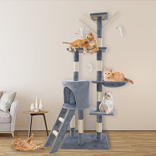 139cm Katzenbaum Kratzenposten, Multi-Level Kletterturm mit Leiter, stabile Indoor Haustier Aktivität Möbel Spielhaus für Katzen, 50x35cm Basis von Rigogo
