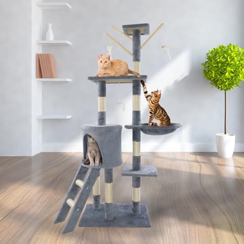 139cm Katzenbaum mit Kratzerposten und Leiter, Mehrstufiges Kletterhaus, Stabile Basis 50x35cm, für Innenkatzen, Einfach zu montieren von Rigogo