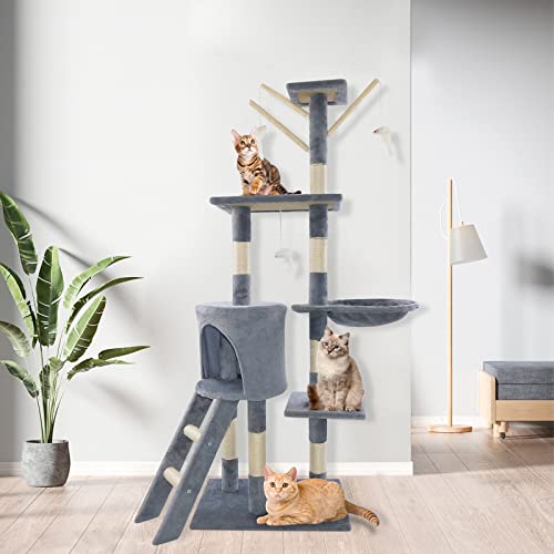 139cm Katzenbaumturm, Mehrstufiges Katzenkletterhaus mit Kratzenposten und Leiter, Haustieraktivitätszentrum für Indoor-Kätzchen, Basis 50 x 35 cm von Rigogo