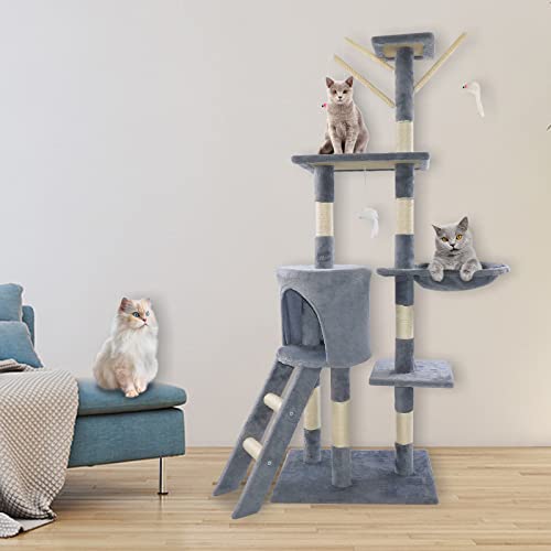 Katzenbaum, 139 cm Katzenturm mit Kratzerposten, 1 Kratzerrampe, 1 Perches, 1 Höhlen, Korb, Multi-Level Plüsch Katze Condo für Indoor Kitty von Rigogo