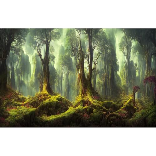 Hintergrund für Waldaquarium, Fantasie, nebliger Regenwald mit Sonnenstrahlen, Terrarium-Hintergrund, abstrakter tropischer Dschungelwald mit üppigem Moos, Aquarium-Hintergrund, Dschungelbäume, von Riivvdise
