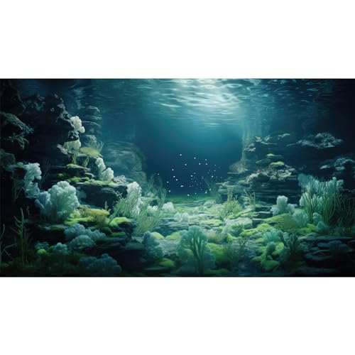 Riivvdise Aquarium-Hintergrund, Unterwasser, biolumineszierend, Korallen-Terrarium, Hintergrund, weiße Koralle, üppiges Moos, Aquarium-Hintergrund, Felsen, Sonnenlichtstrahlen, Aquarium-Tapete, von Riivvdise