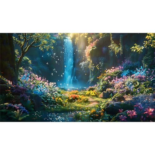 Wasserfall-Aquarium-Hintergrund, lebendige Oase, Sonnenlicht, Kaskaden, Grün, Aquarium-Hintergrund, majestätischer Wasserfall, ruhiger Pool, Reptilienbecken, Hintergründe, Blüte, Schmetterling von Riivvdise
