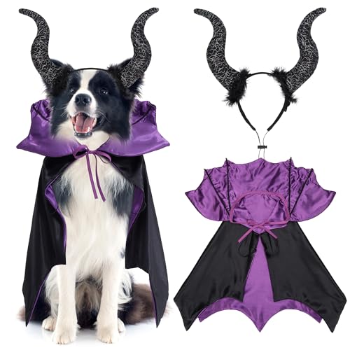 Halloween Haustier Kostüm Set, Vampirumhang und Teufelshorn Stirnband für Hunde, Verstellbare Lustige Haustier Kostüme für Große Haustiere, Hundekostüm für Halloween und Cosplay (Lila) von Rilcn