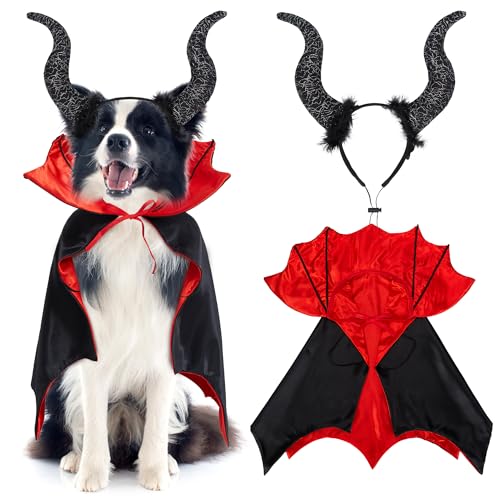 Halloween Haustier Kostüm Set, Vampirumhang und Teufelshorn Stirnband für Hunde, Verstellbare Lustige Haustier Kostüme für Große Haustiere, Hundekostüm für Halloween und Cosplay (Rot) von Rilcn
